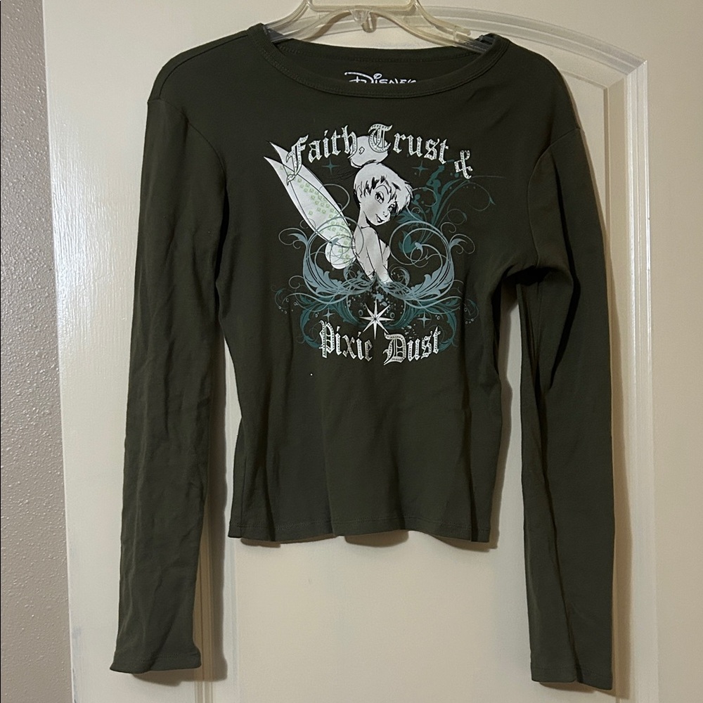 Disney Women's Olive Tinkerbell Long Sleeve Tee